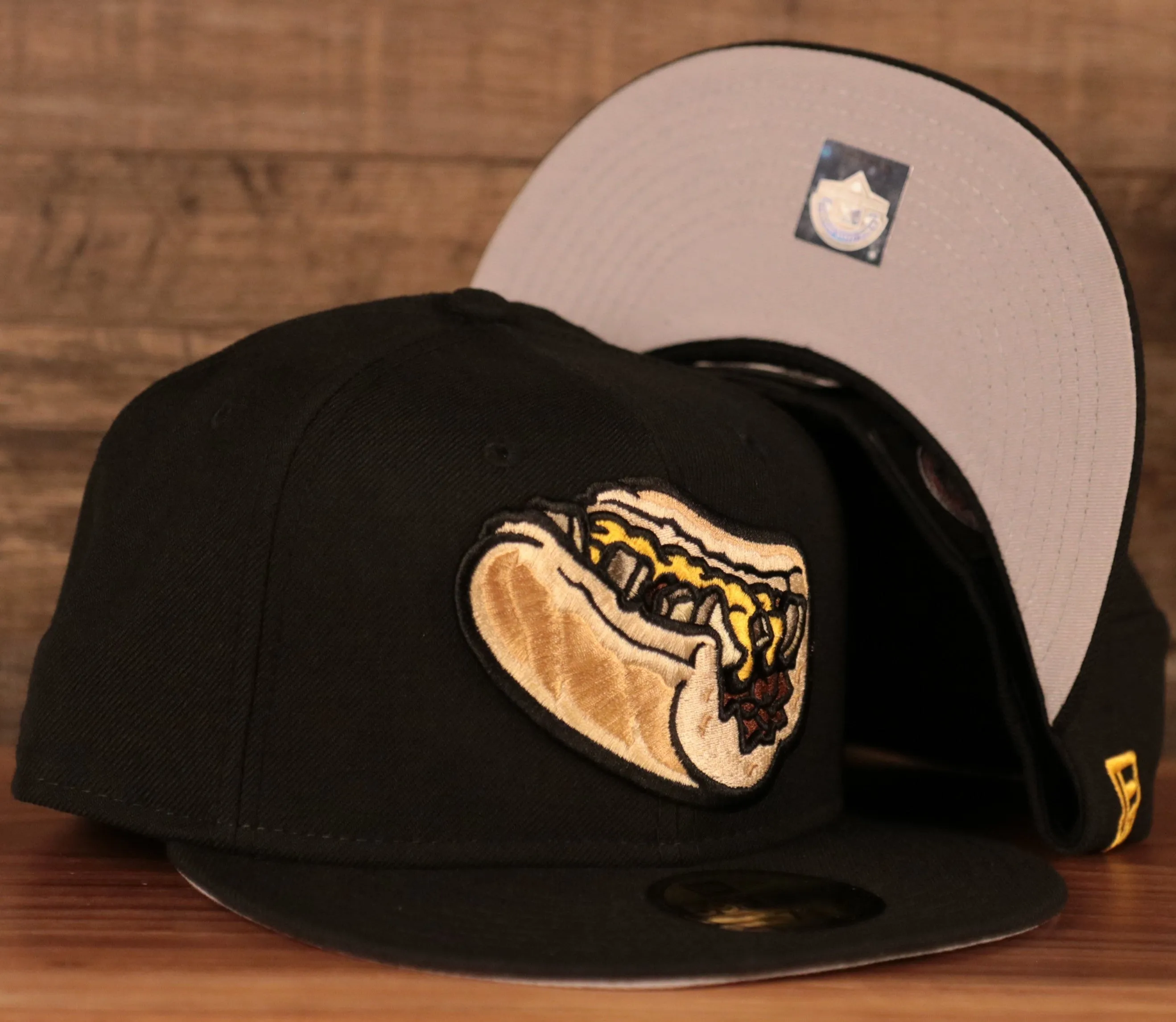 Philly Cheesesteak With Onions Black 59fifty Gray Bottom Cap | Lehigh Valley Iron Pigs Grey Bottom Fitted New Era Cap