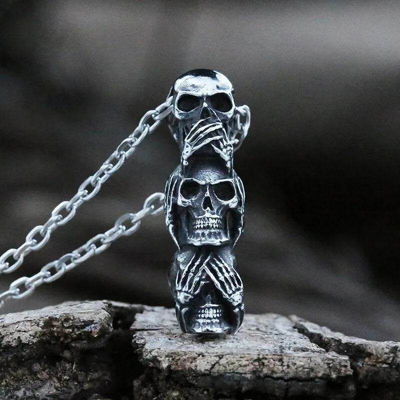 See No Evil, Hear No Evil, Speak No Evil Skull Pendant Necklaces For Men