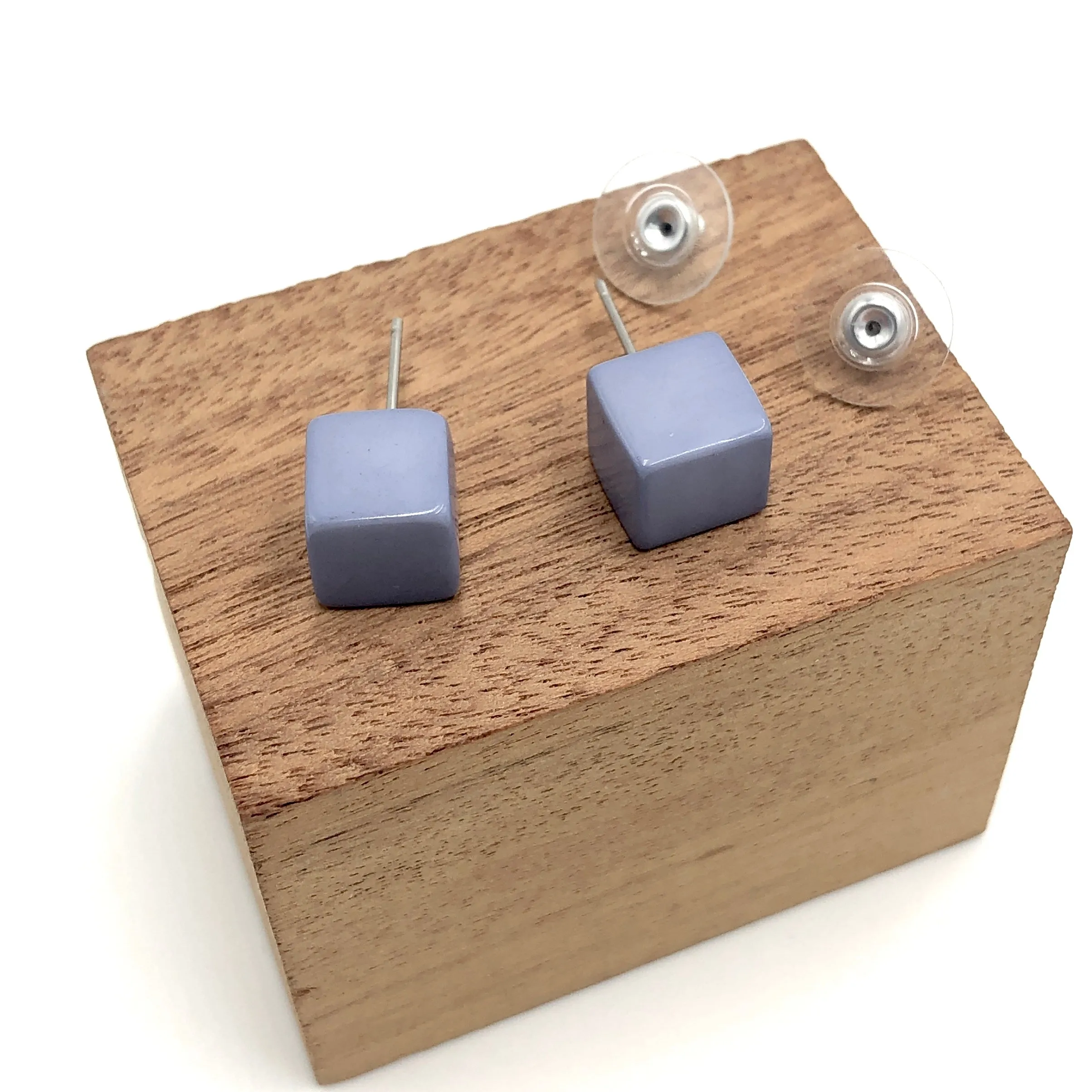 Smoke Blue Midi Cube Stud Earrings