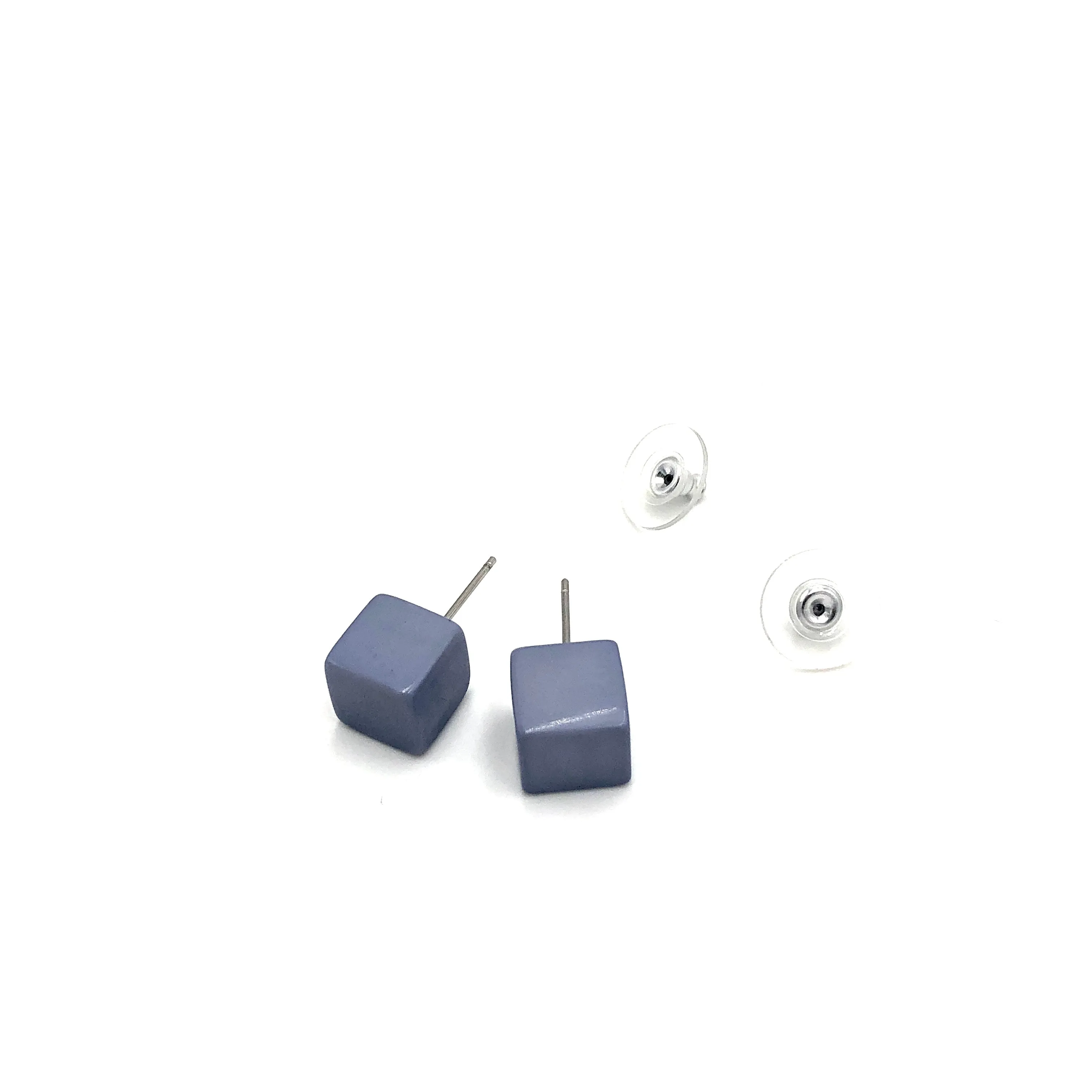 Smoke Blue Midi Cube Stud Earrings