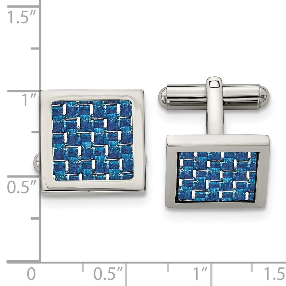 Stainless Steel & Blue Carbon Fiber Square Cuff Links, 16mm (5/8 Inch)