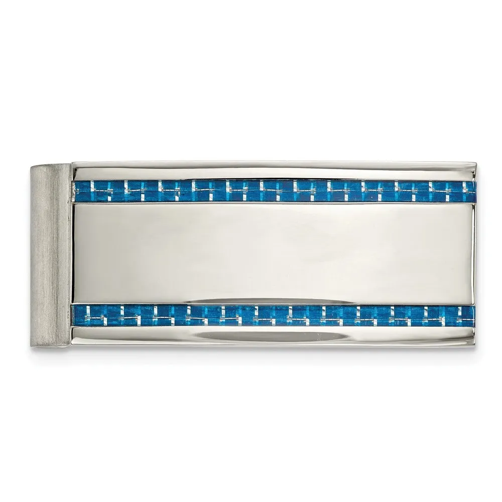 Stainless Steel & Blue Carbon Fiber Striped Spring Loaded Money Clip