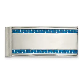 Stainless Steel & Blue Carbon Fiber Striped Spring Loaded Money Clip