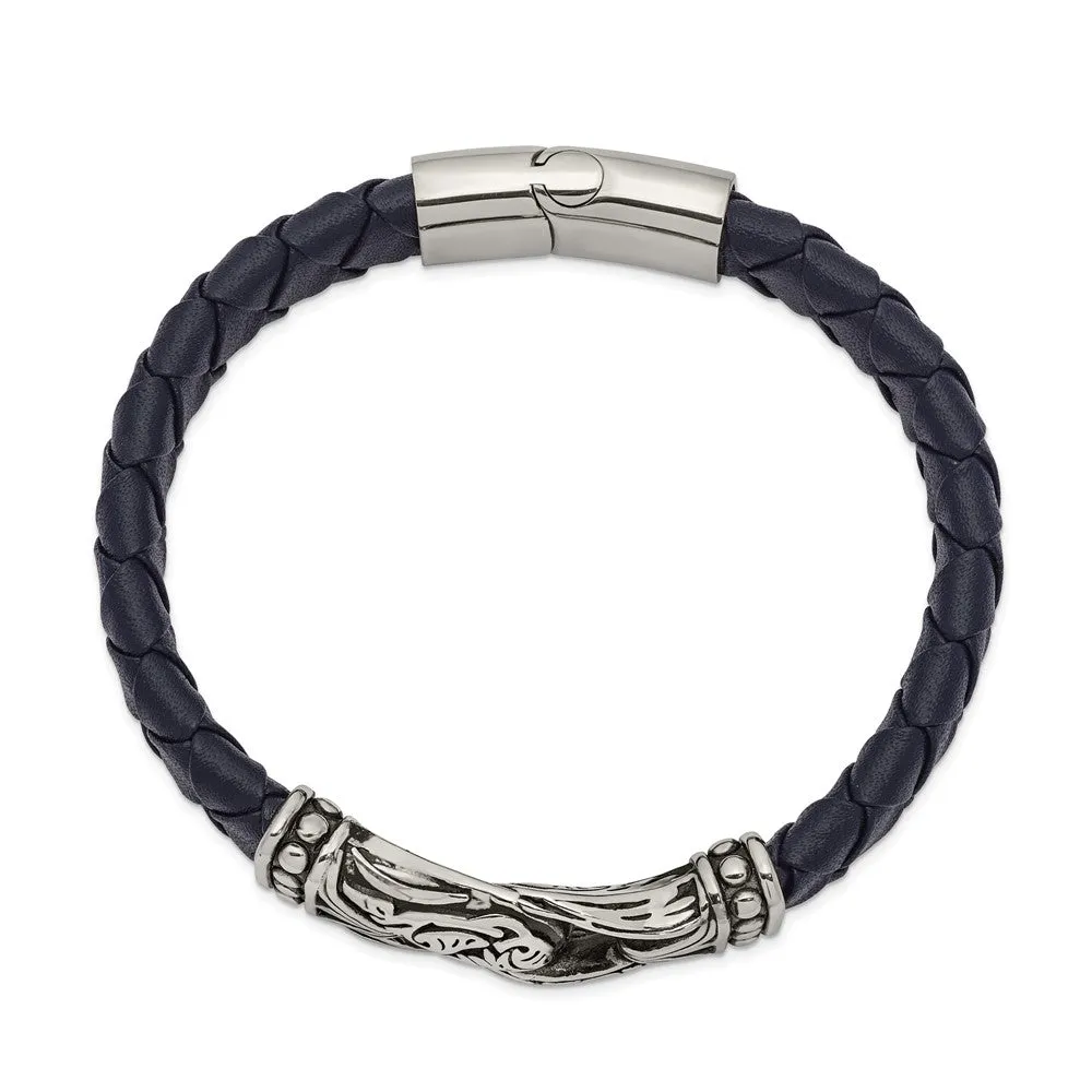 Stainless Steel & Blue Leather Antiqued Ornate Bracelet, 8.75 Inch