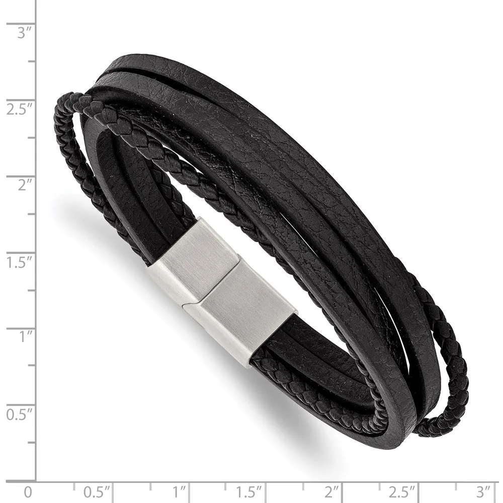 Stainless Steel & Genuine Leather Multi Strand Bracelet, 8 Inch