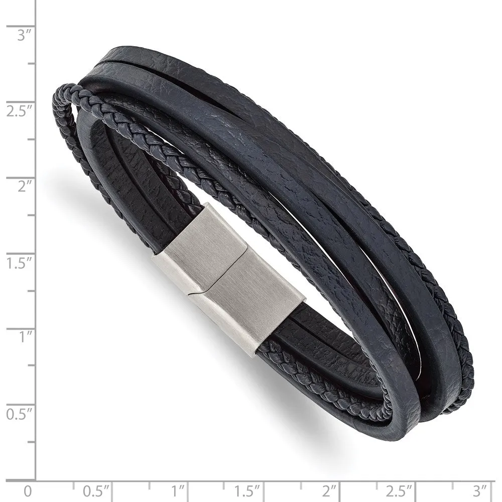 Stainless Steel & Genuine Leather Multi Strand Bracelet, 8 Inch