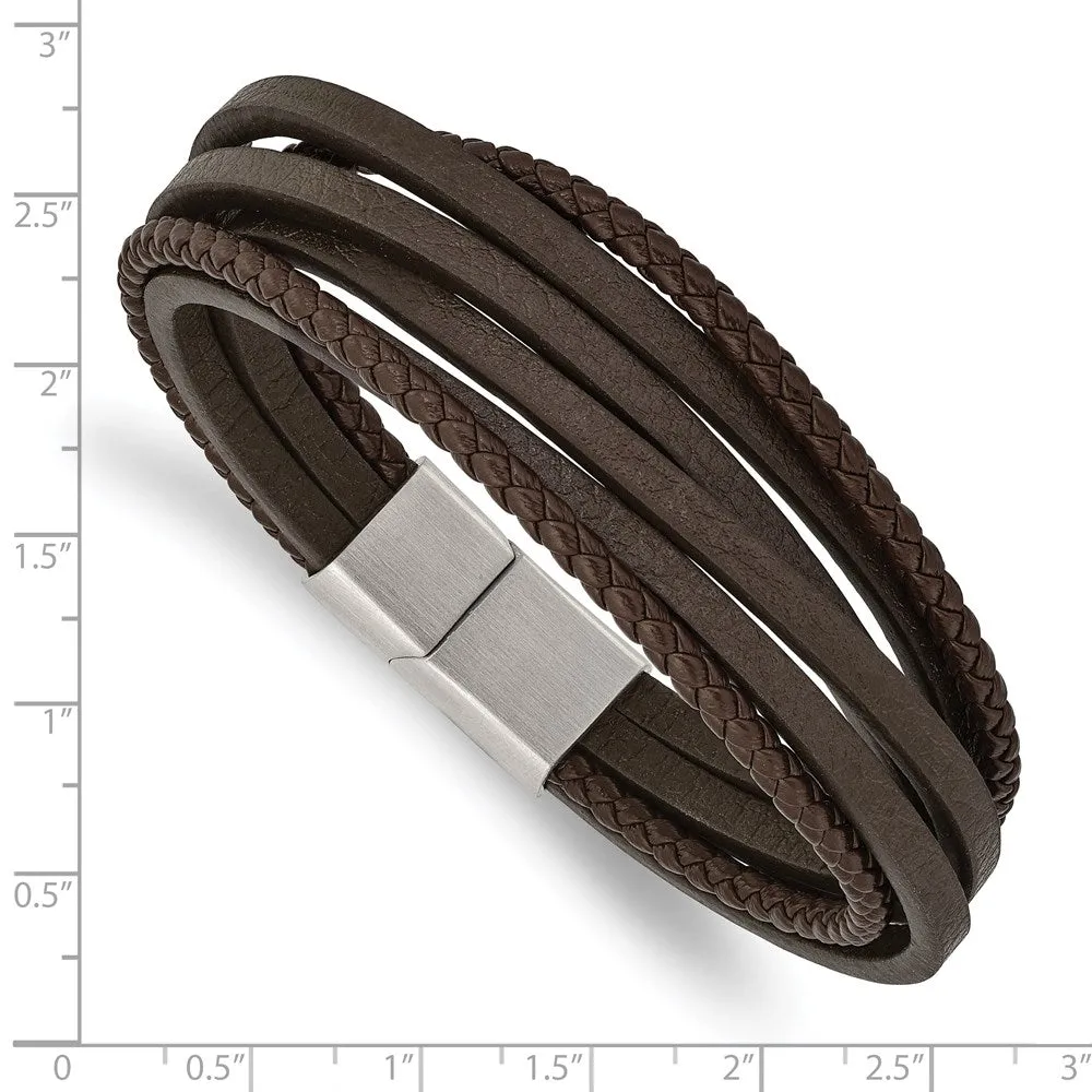 Stainless Steel & Genuine Leather Multi Strand Bracelet, 8 Inch