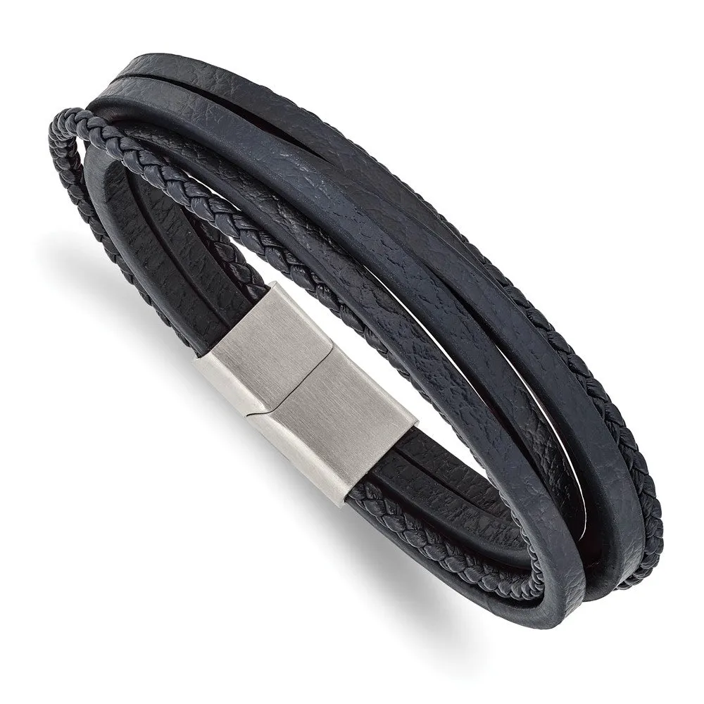 Stainless Steel & Genuine Leather Multi Strand Bracelet, 8 Inch