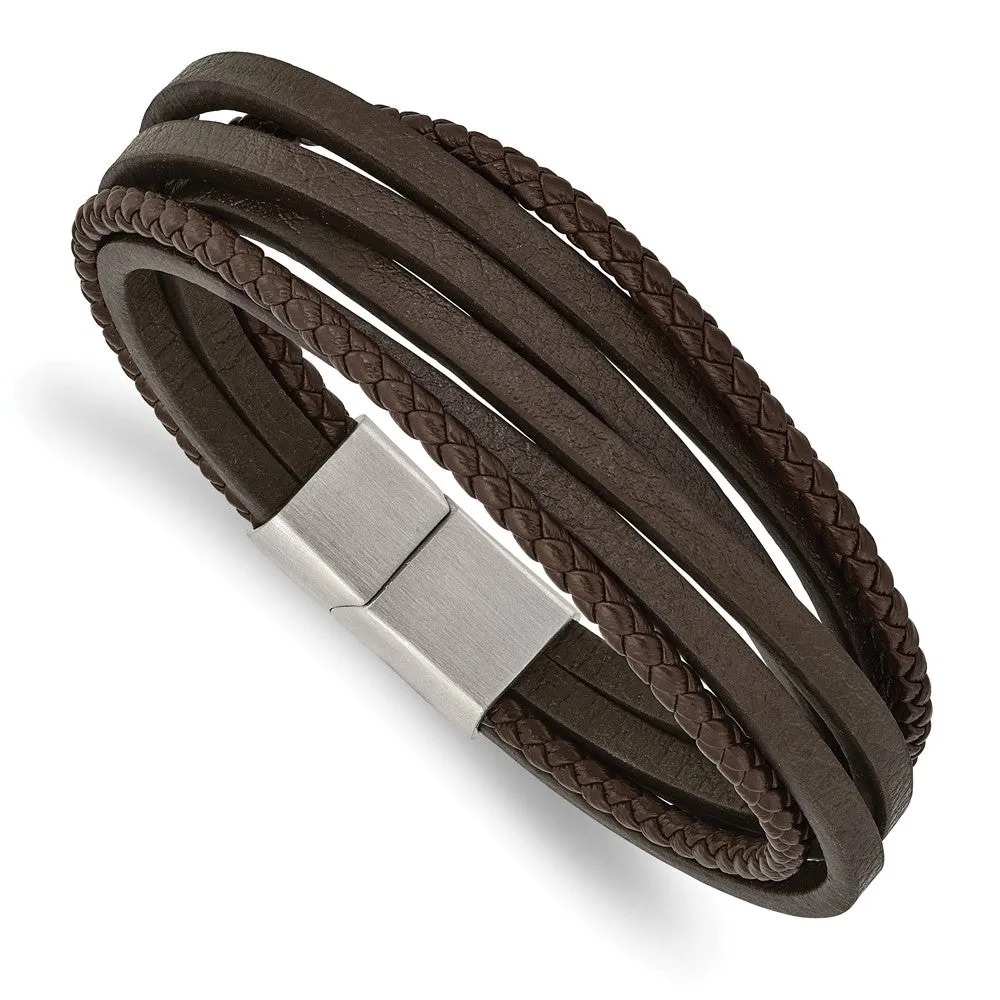 Stainless Steel & Genuine Leather Multi Strand Bracelet, 8 Inch