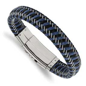 Stainless Steel Black & Blue Leather Braided Adj. Bracelet, 8.25 Inch