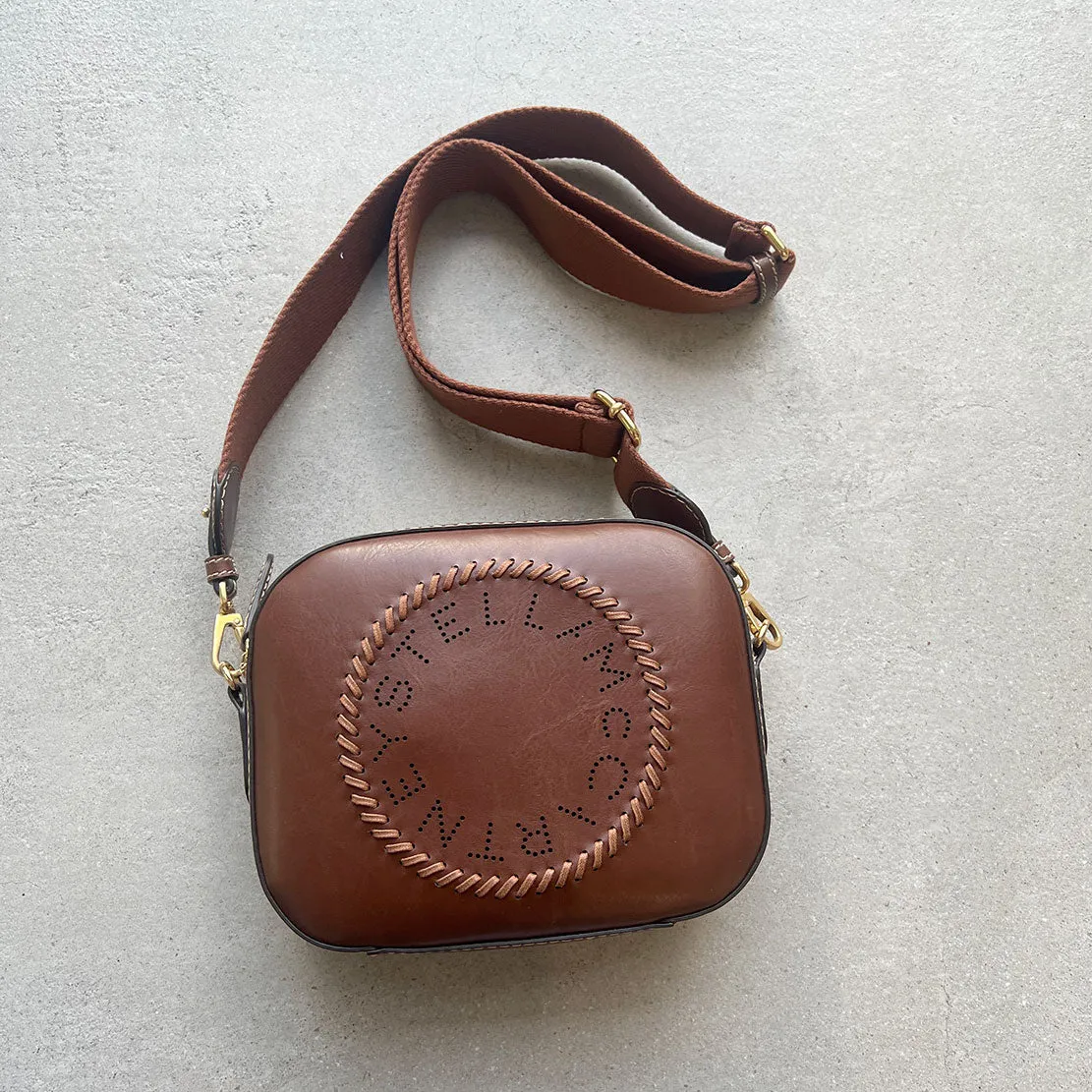 Stella Logo Camera Whip/Stud Strap, Cognac