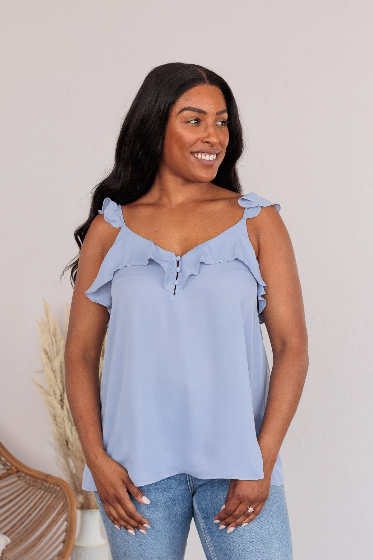 Truly Devoted Flutter Sleeve Tank- Steel Blue