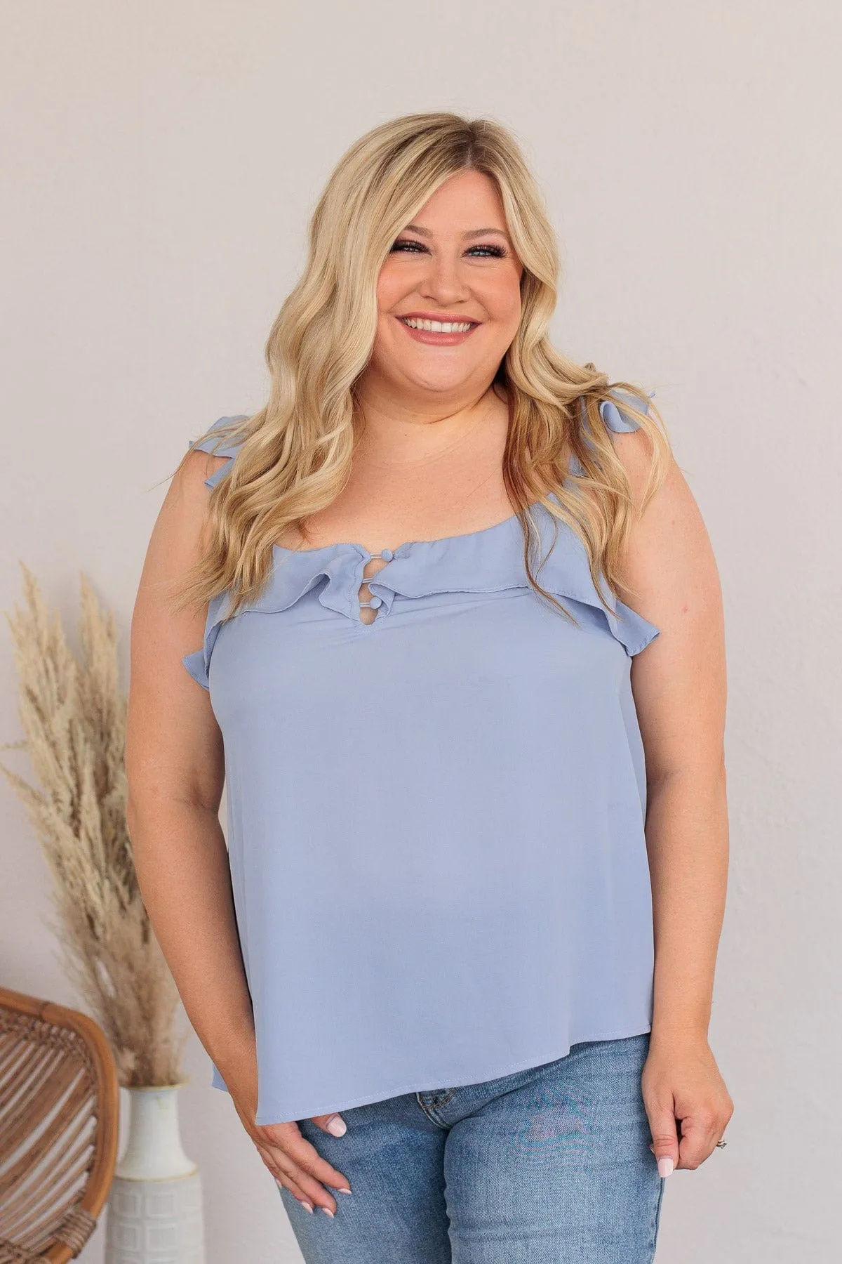 Truly Devoted Flutter Sleeve Tank- Steel Blue