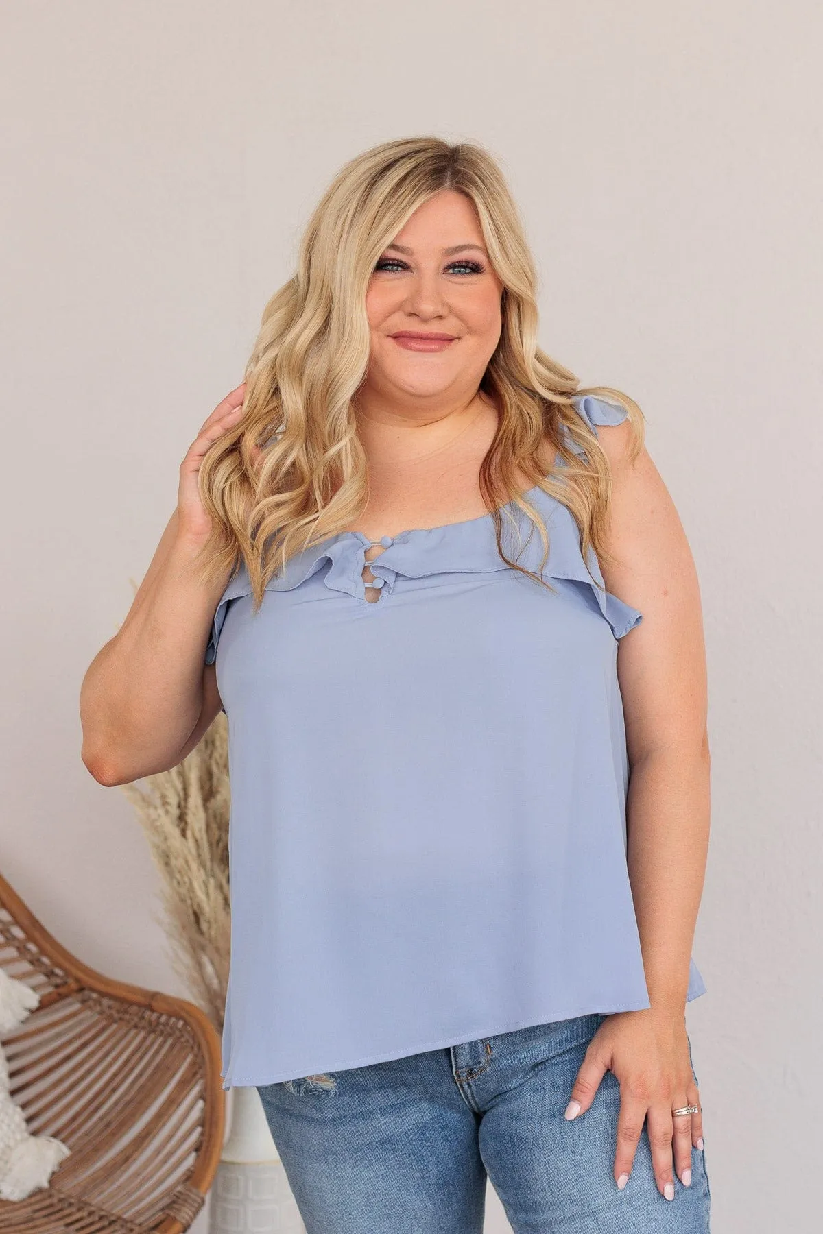 Truly Devoted Flutter Sleeve Tank- Steel Blue