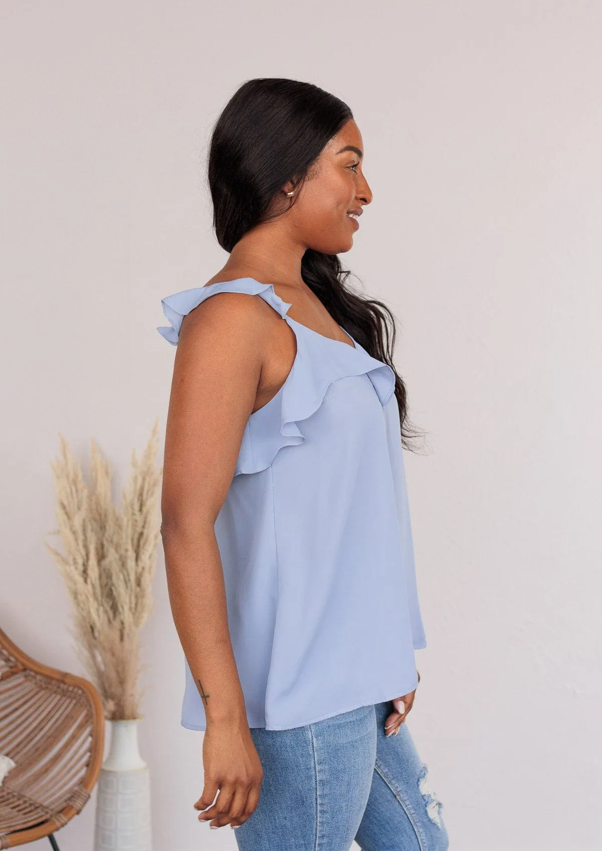 Truly Devoted Flutter Sleeve Tank- Steel Blue