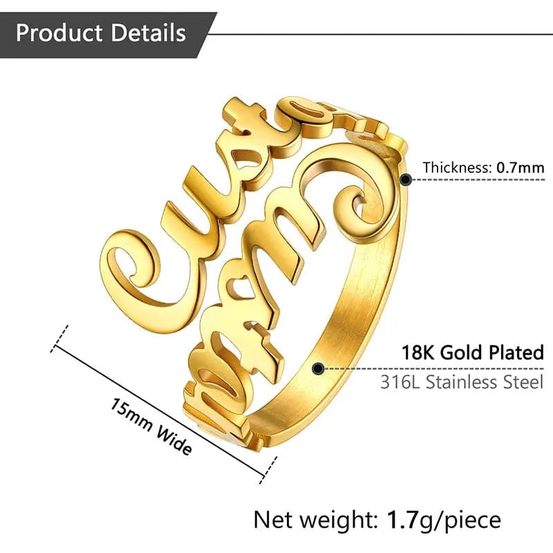 U7 Jewelry Custom Double Name Ring Open Cuff Finger Ring For Women