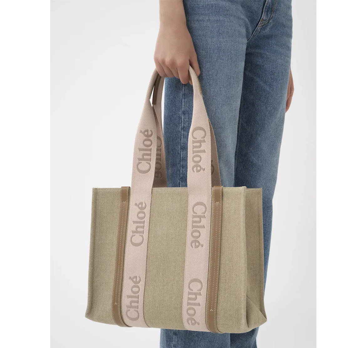 Woody Tote Medium Embroidered Logo, Blushy Beige